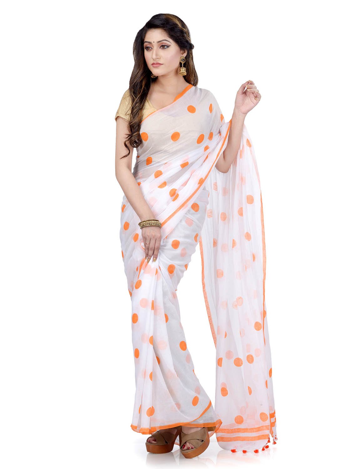 Women`s Traditional Hand Woven Malmal Bengal Handloom Pure Cotton Saree Without Blouse Piece (Orange White)